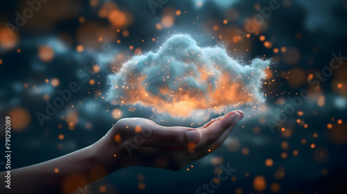 Private data transfer cloud computing technology concept. A large prominent digital cloud floating above the human hand  in the center with an orange light #791292089