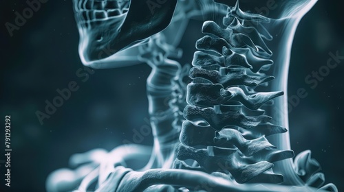 A cervical spine X-ray revealing the vertebrae and intervertebral discs that make up the neck region, supporting the head and facilitating movement of the upper body. photo