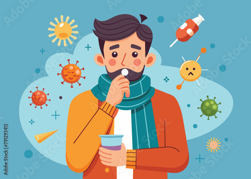 Man with the flu. Set of cold symptoms, headache, runny nose, cough, fever, sore throat