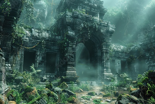An ancient temple lost in the jungle. A sense of mystery envelopes the temple ruins, with intricate carvings hinting at the stories that once echoed within its walls.