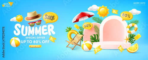 Summer Sale Poster or Banner template featuring a tropical beach scene with sun and party elements.Product display,Tropical summer scene, Perfect for promoting your summer products on blue background