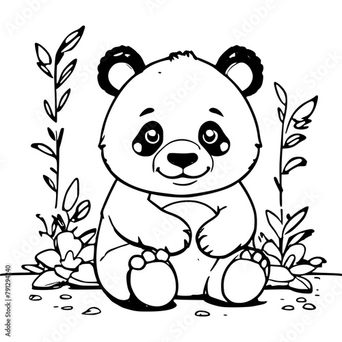 Cute panda sitting outline doodle cartoon illustration. Bold and easy coloring book page activity for kids and adults. Created with Generative AI