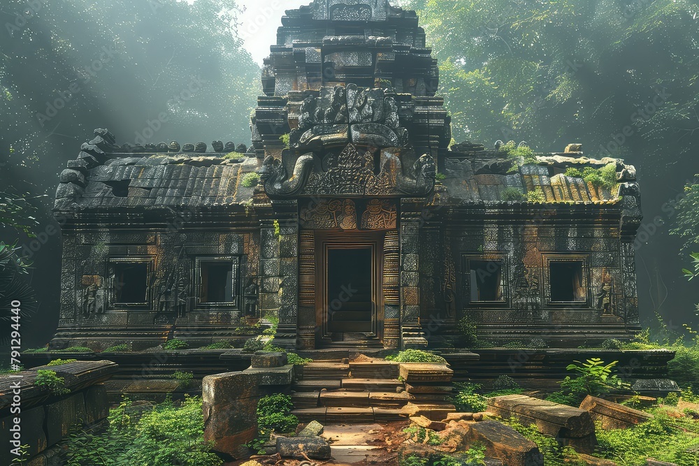 An ancient temple lost in the jungle. Through the overgrown jungle, the temple's spires rise like ancient guardians, standing watch over the lost city. An ancient temple lost in the jungle. Through the overgrown jungle, the temple's spires rise like ancient guardians, standing watch over the lost city.