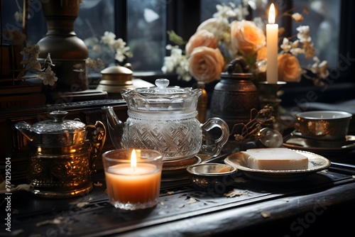 Cup of tea on the table with candles and flowers. Selective focus.
