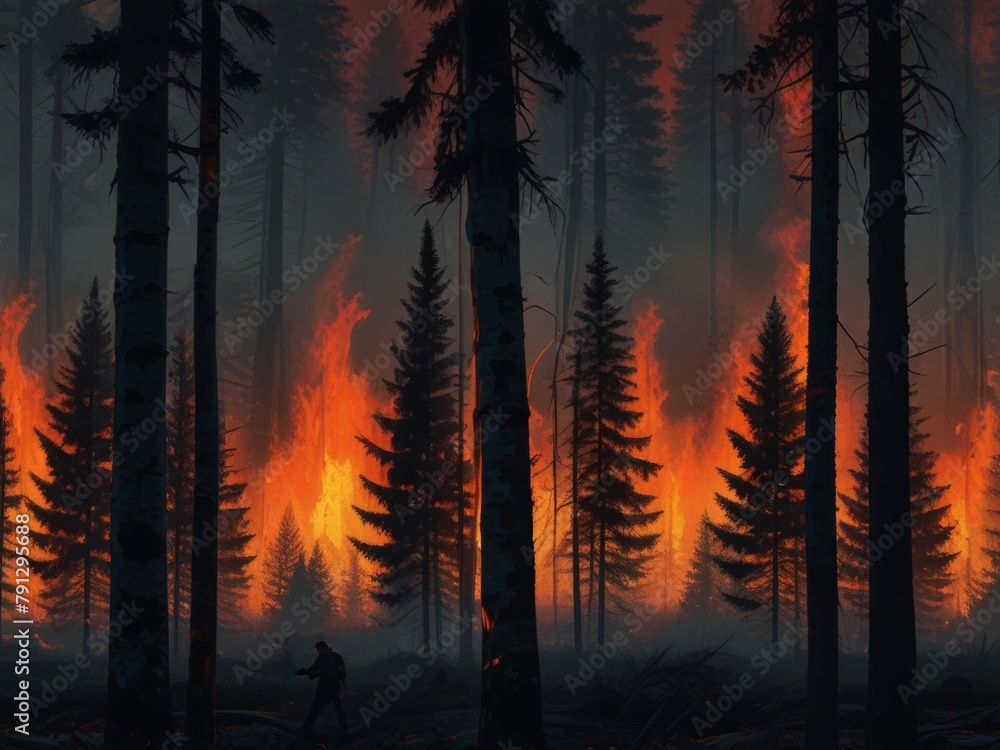 Blazing Pines: Forest Inferno Engulfing American Floral Canopy, Confronting Nature's Fury with Courage and Resilience