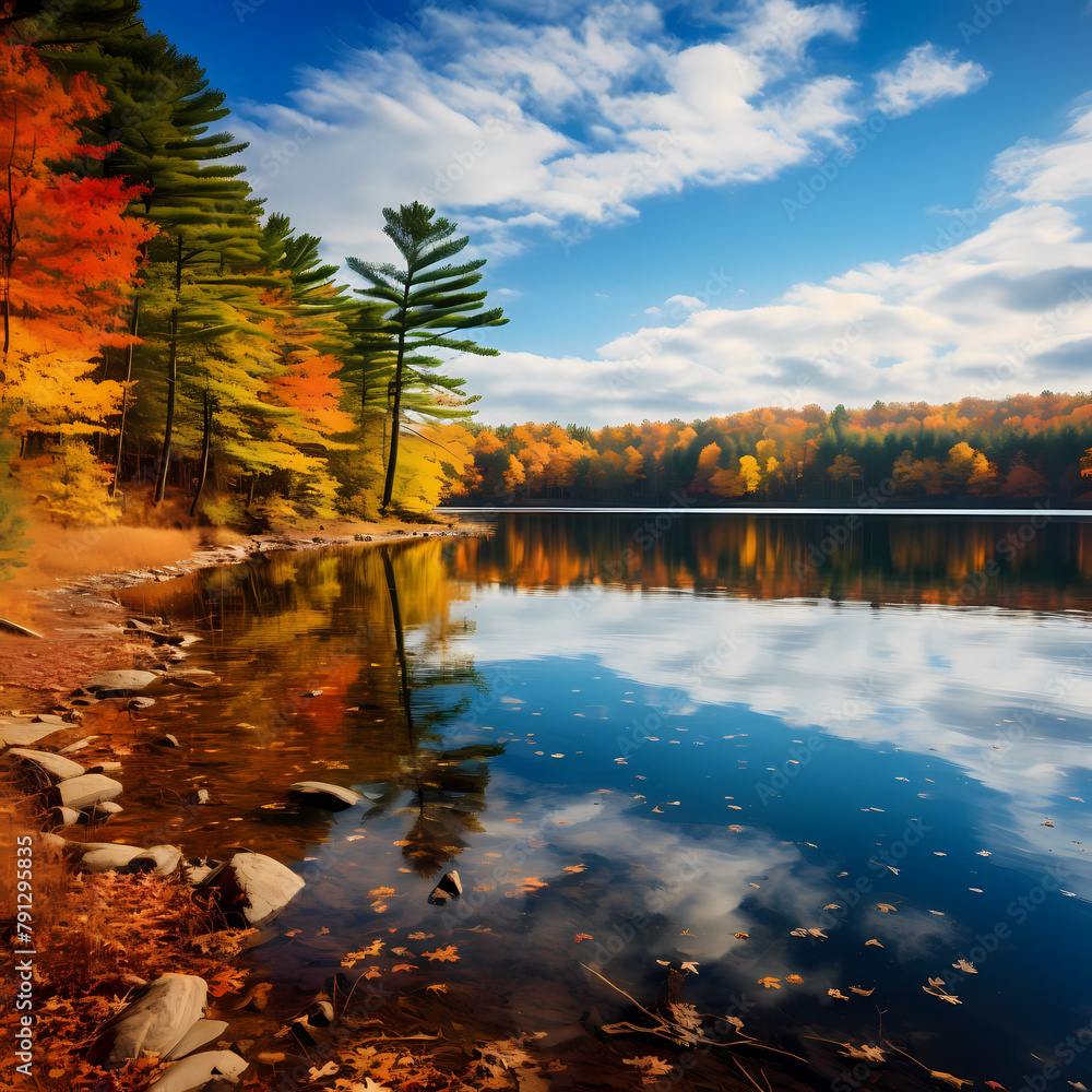 A serene lake surrounded by autumn foliage.