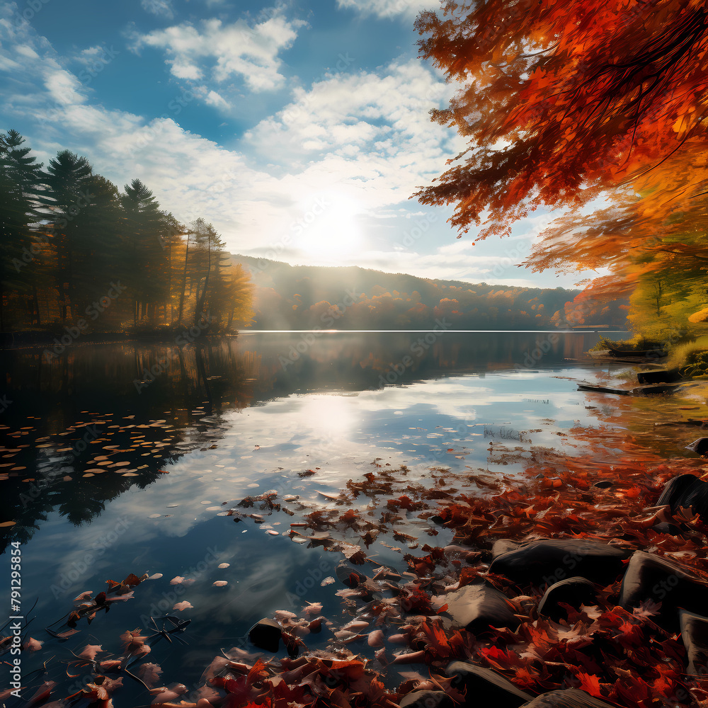 A serene lake surrounded by autumn foliage.