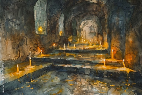 Crypt with flickering candles  deep shadows and yellows  Watercolor  hand drawing