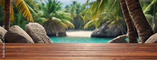 empty wood table over blue sea beach and palm leaves background summer diay space for product display 