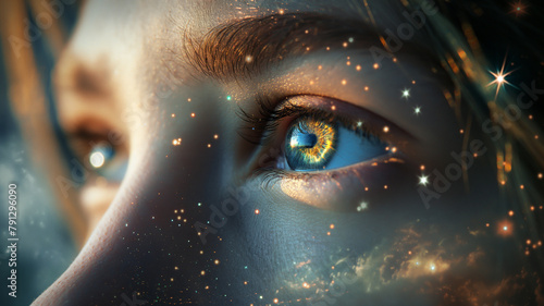 A woman's eye is surrounded by a galaxy of stars