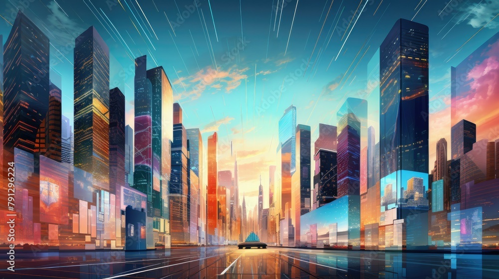 Abstract digital cityscape with skyscrapers and digital billboards