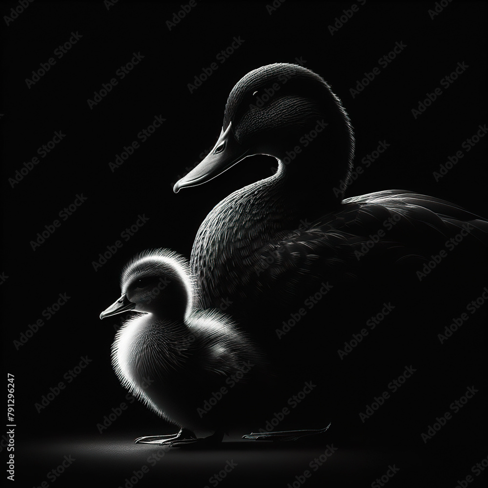 Fototapeta premium Black background Rim light a duck mother and her baby in profile photography, with the light shining on its fur