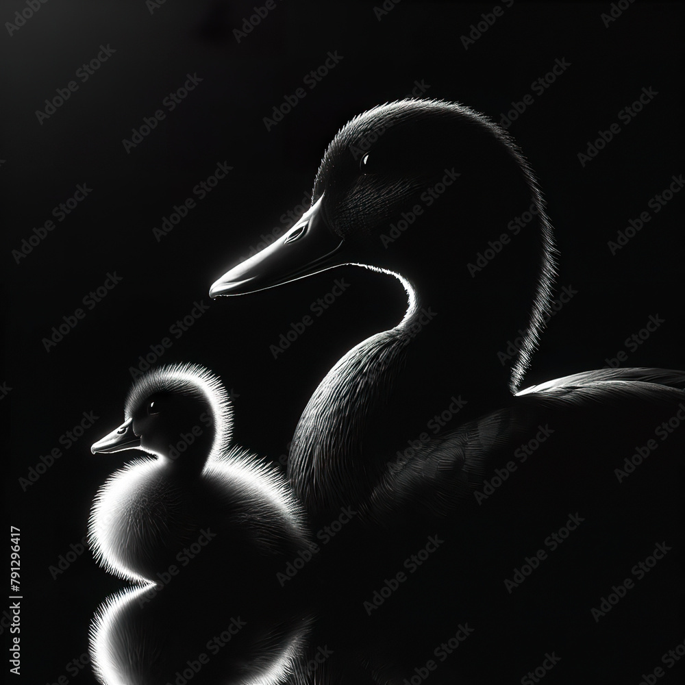 Black background Rim light a duck mother and her baby in profile photography, with the light shining on its fur Black background Rim light a duck mother and her baby in profile photography, with the light shining on its fur