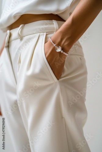 Elegant Woman in White Pants with Chic Silver Bracelet