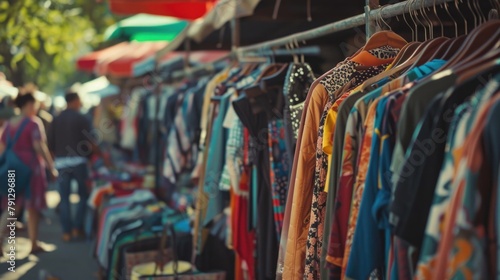 Colorful Garments Hanging at a Bustling Outdoor Market photo