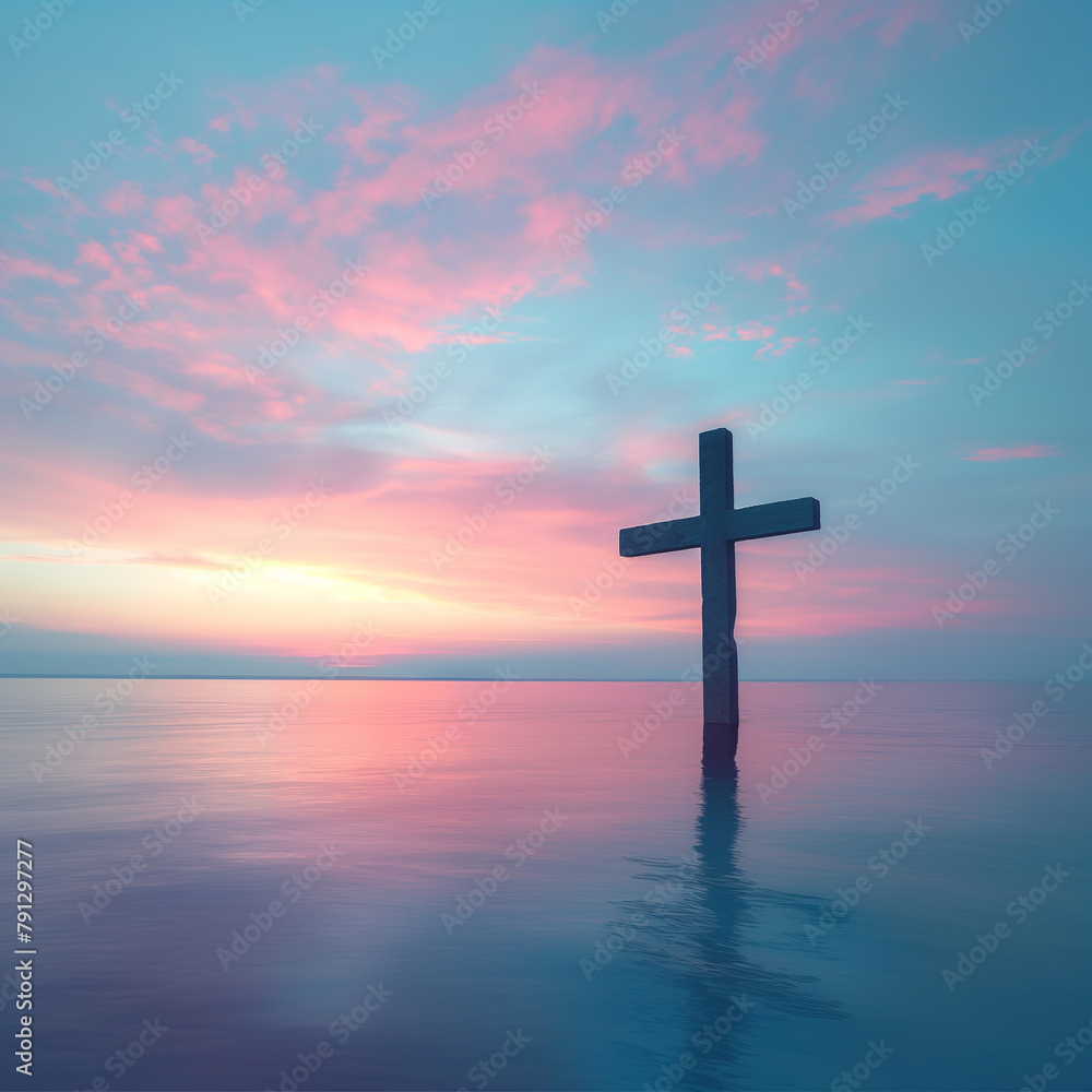A wooden cross is standing in the water in front of a beautiful sunset A wooden cross is standing in the water in front of a beautiful sunset