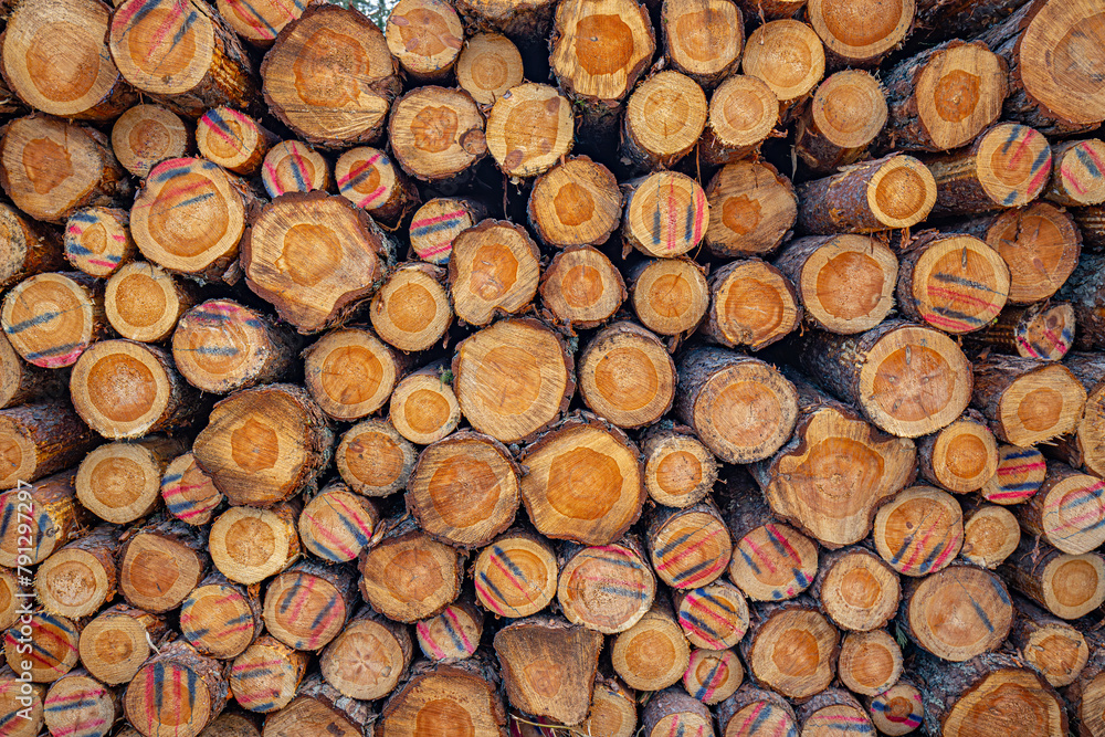 Cutting a pine forest, a pile of trees on the side of the road Cutting a pine forest, a pile of trees on the side of the road