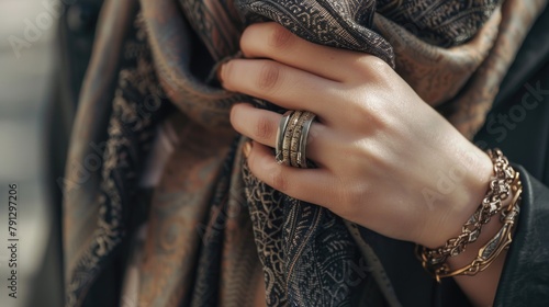 Elegant Hand Adorned with Stylish Jewelry and Luxurious Scarf