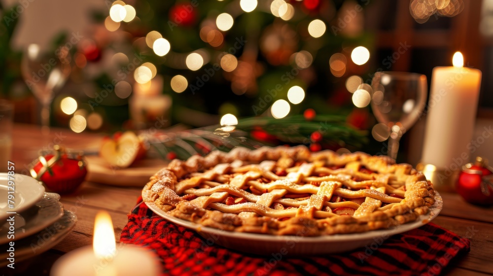 A delicious homemade apple pie on a Christmas-decorated table with festive lights and candles.