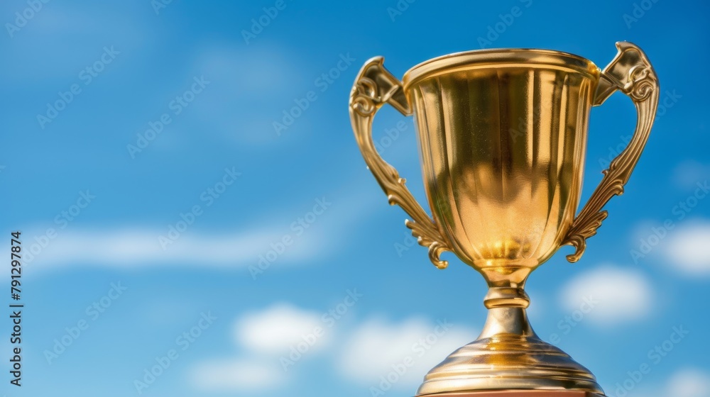 A golden trophy cup presented proudly under a clear blue sky, symbolizing victory and success. A golden trophy cup presented proudly under a clear blue sky, symbolizing victory and success.