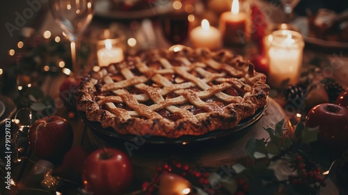 A freshly baked apple pie surrounded by candles and festive decorations creates a cozy holiday atmosphere.