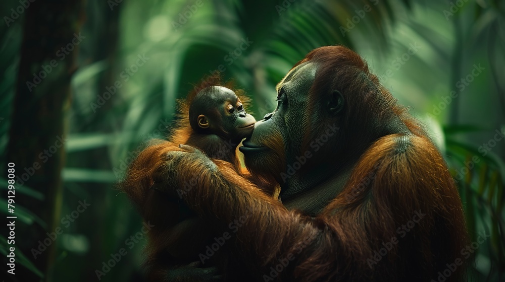 Obraz premium Tender moment captured as a baby orangutan kisses its mother, soft-focus background of deep green foliage