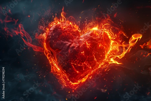 A 3D rendering of a heart made of red hot burning coals with flames.