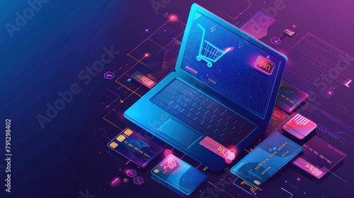online shopping ,Creation of mobile and desktop software. Process optimization, modern neon-blue,technology concept