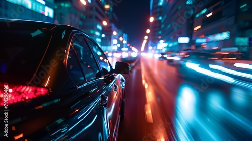 A car drives through a city at night. The lights of the city are reflected on the car.