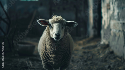 A sheep standing while looking at camera.