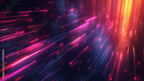 A colorful  abstract image of a cityscape with bright pink and blue streaks