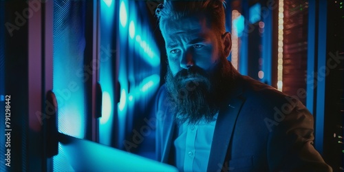 A bearded man in a suit stands in a server room, illuminated by the blue light of the servers.