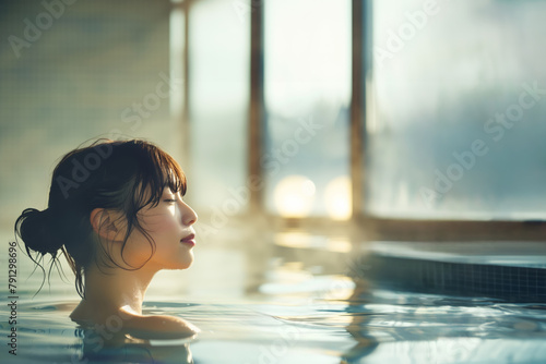 旅館やホテルの温泉・風呂の湯舟・大浴場で目を閉じてリラックスしている日本人女性（美人モデル）