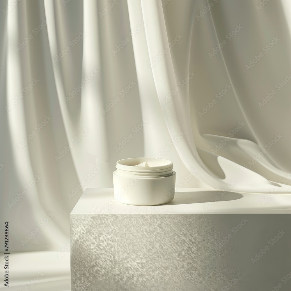 A white jar of cream sits on a white tablecloth A white jar of cream sits on a white tablecloth