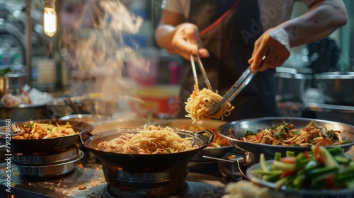 Noodles being cooked in a wok with chopsticks held by a chef in a busy Asian street food market