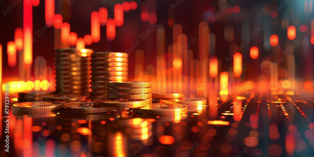 Stacks of gold coins on a glowing red circuit board with a graph in the background. Stacks of gold coins on a glowing red circuit board with a graph in the background.