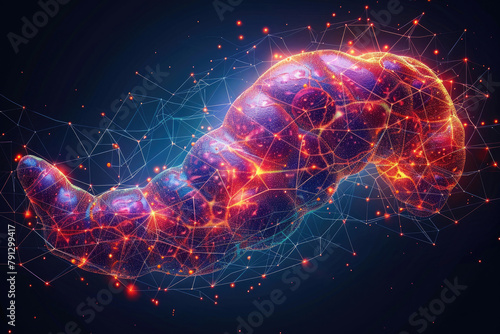 A glowing 3D rendering of a brain-like structure made of orange and red lines and dots on a dark blue background.