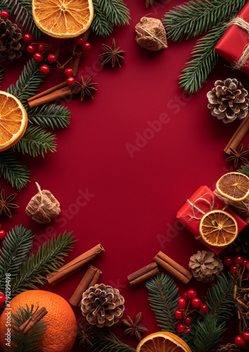 A red background with a Christmas tree and a bunch of oranges and cinnamon