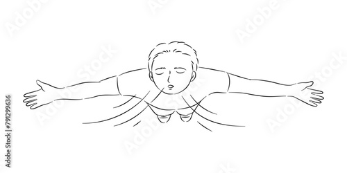 Top view of relaxed boy breathing fresh air and arms outstretched.