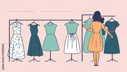 Minimalist Doodle of a Girl Trying on a New Dress, A Shopping Concept