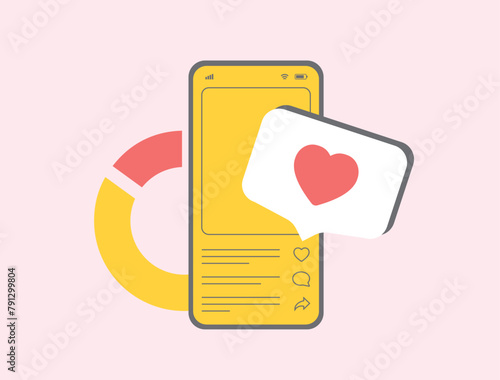 Social media engagement rate. SMM KPIs metrics, statistics and trends for better analysis and performance tracking. Social media ROI, benchmark engagement rate and audience growth metrics illustration