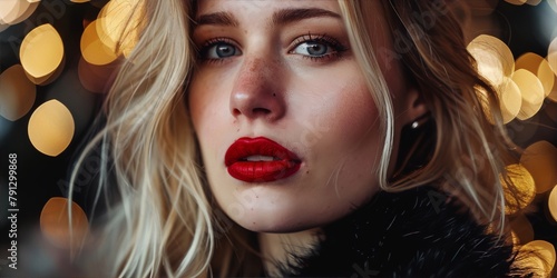 Stunning portrait of a young woman with blonde hair and red lips, wearing a fur coat, against a blurry background of golden lights, in the style of glamour photography.