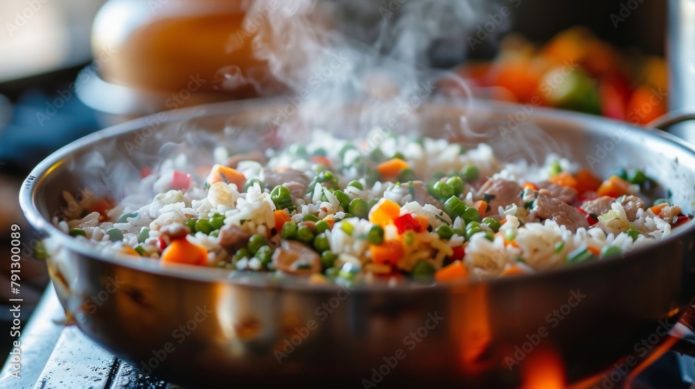 Closeup of a steaming pot of rice fresh off the fire and ready to be served alongside a colorful array of stirfried vegetables and succulent chunks of meat. . Closeup of a steaming pot of rice fresh off the fire and ready to be served alongside a colorful array of stirfried vegetables and succulent chunks of meat. .