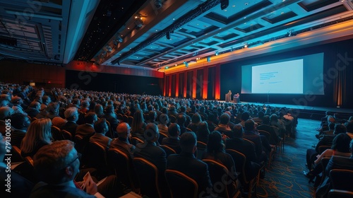 A high-powered business conference in a state-of-the-art convention center, with industry leaders delivering inspiring keynote speeches and participating in panel discussions on cutting-edge topics. photo