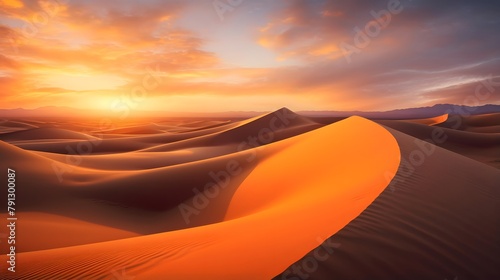 Sunset in the desert. Panoramic view of the Sahara desert.