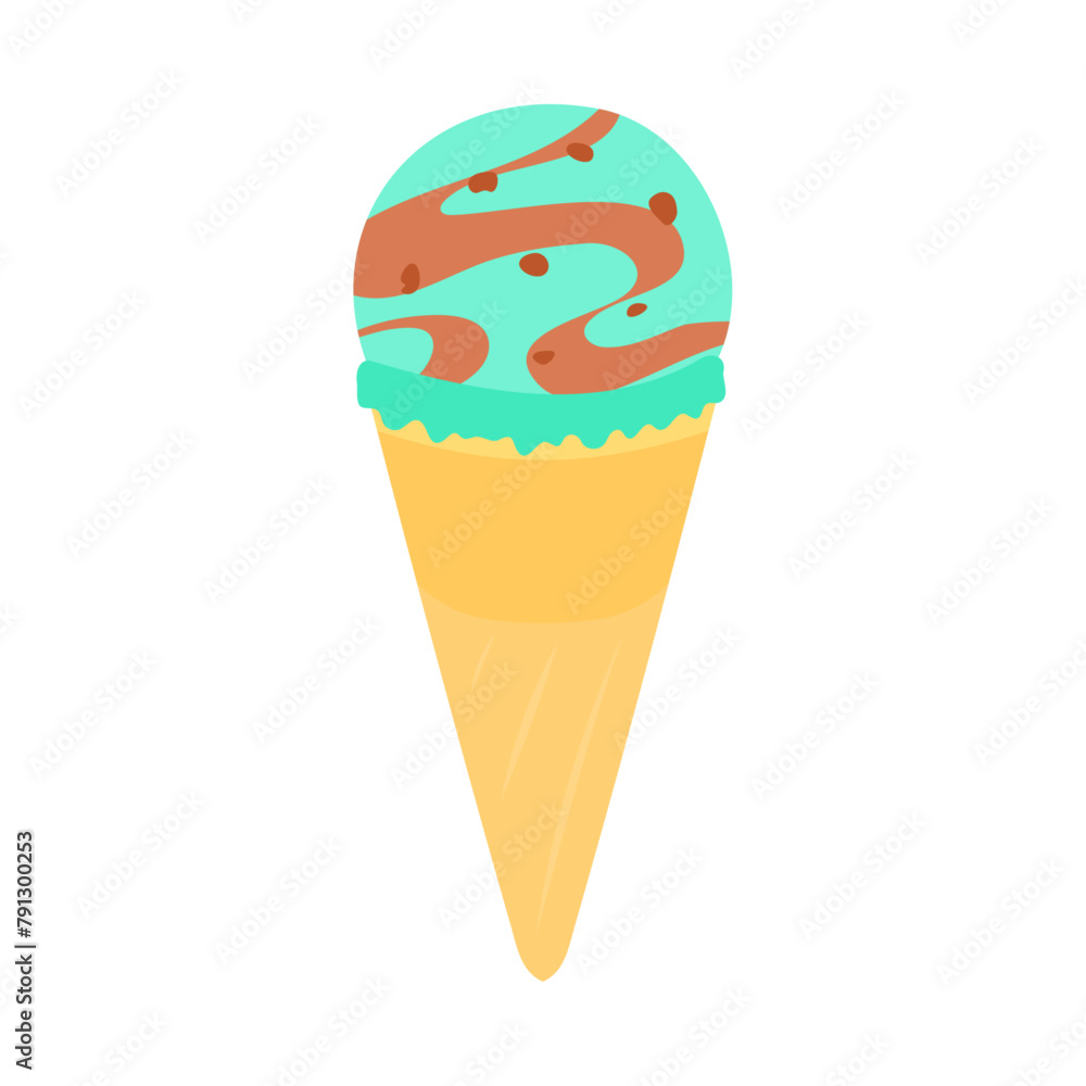 レギュラーコーンに入ったチョコミント味のアイスクリーム。フラットなベクターイラスト。
Ice cream with mint chocolate chip flavor in a regular cone. Flat vector illustration.
