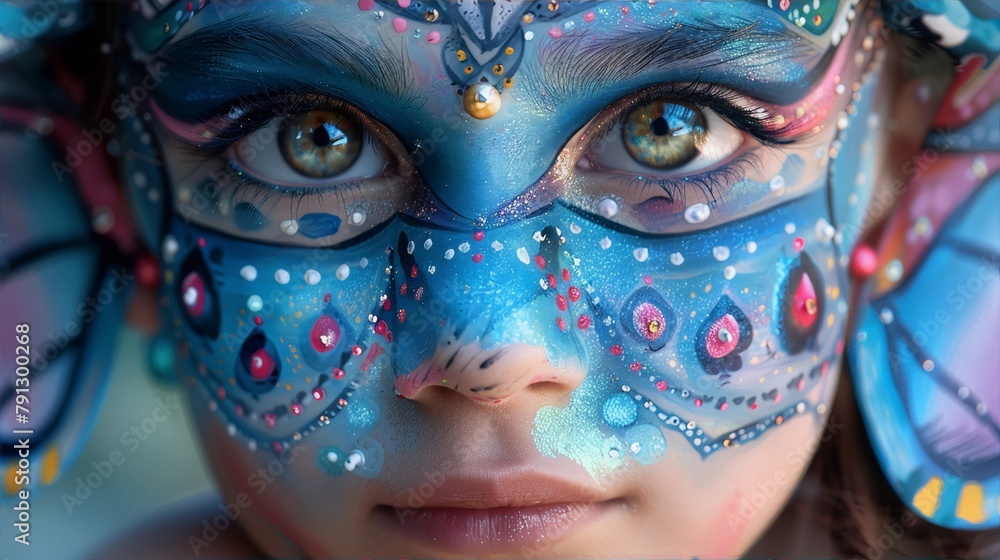 Young girl with blue and green face paint and butterfly wings