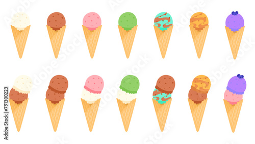 ワッフルコーンに入った色々な味のアイスクリーム。フラットなベクターイラストセット。
Ice cream in various flavors in waffle cones. Flat vector illustration set.