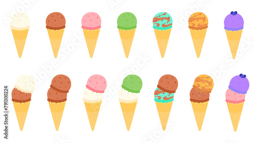 レギュラーコーンに入った色々な味のアイスクリーム。フラットなベクターイラストセット。
Ice cream in various flavors in regular cones. Flat vector illustration set.