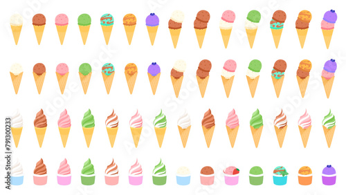 アイスクリームとソフトクリーム56種類。フラットなベクターイラストセット。
Ice cream and soft serve, 56 varieties. Flat vector illustration set.